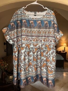 Relaxed Boho Floral Tunic Top - Blue & Orange